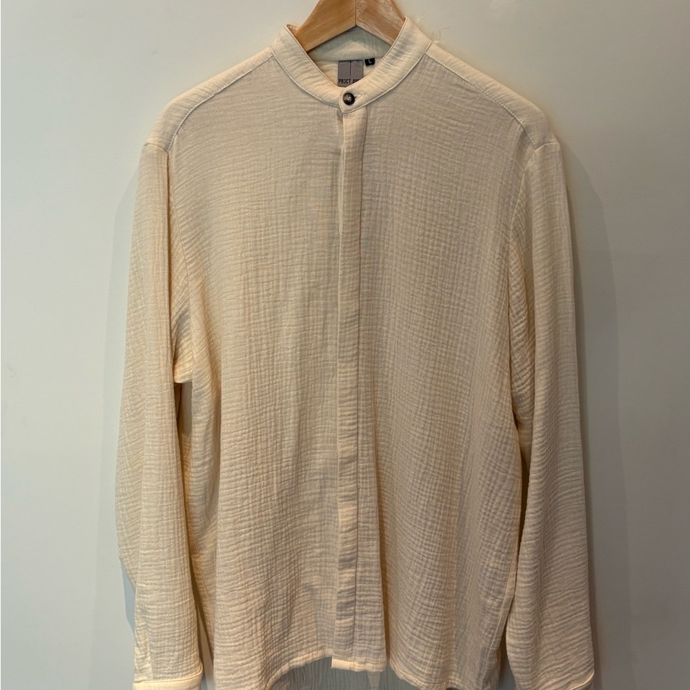 Men's Cream Textured Linen Button Down Shirt - Men’s Large
